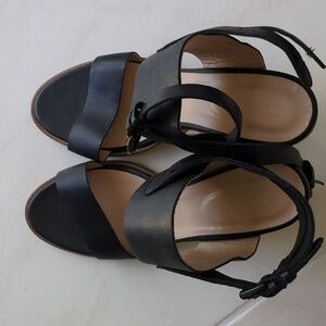 Black Soft Leather double Strap Wood Heel  sandals